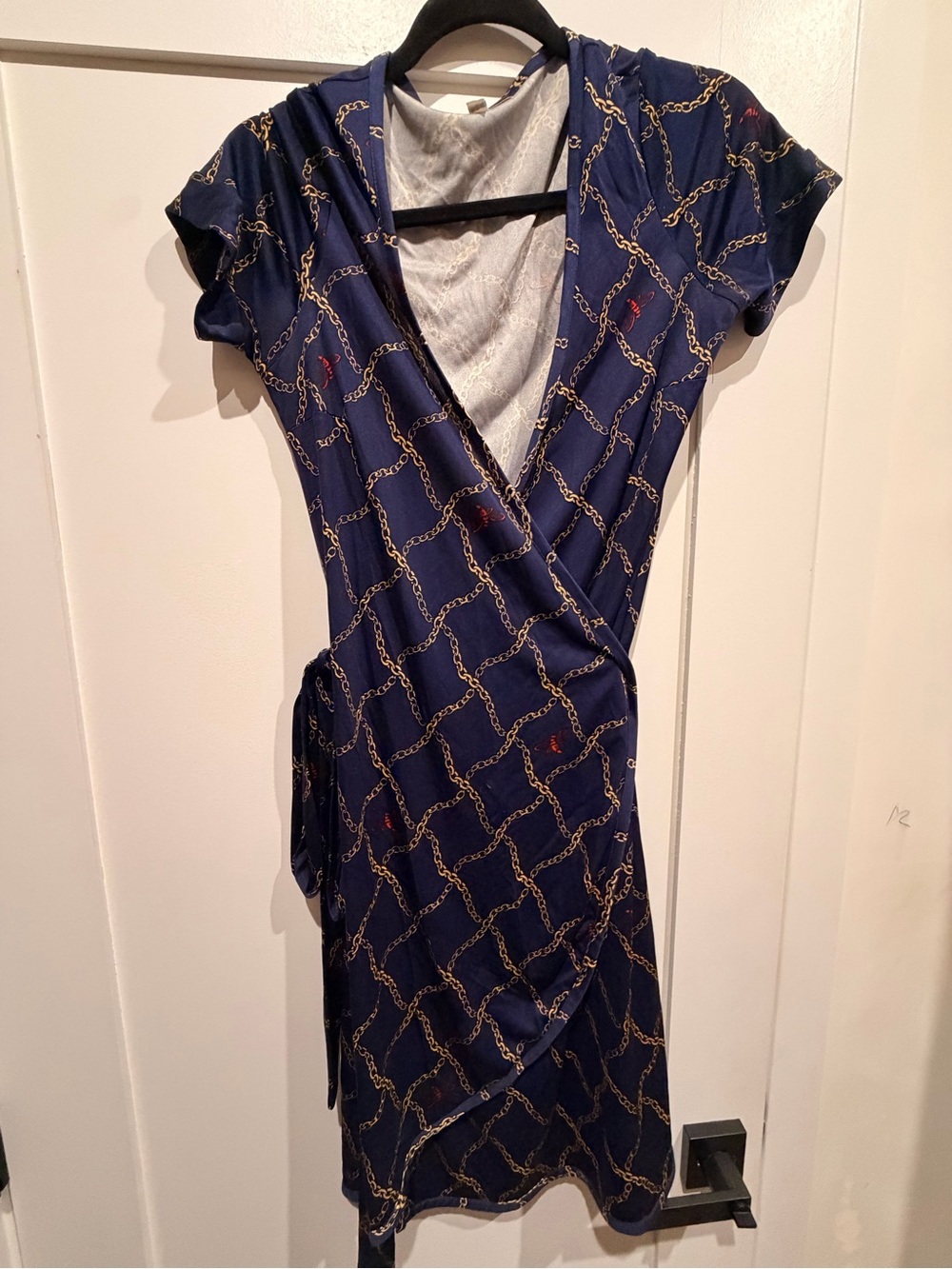 JB by Julie Brown Navy Wrap Dress with Gold Chain Print